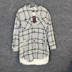 Canyon Creek Womens Plaid Button Up Tunic Shirt Size Small Gray Plaid Hooded